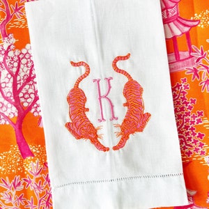 Personalized tigers tea towel Linen. Embroidered. Hemstitched . Pink and orange, monogrammed