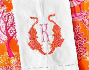 Personalized tigers tea towel Linen. Embroidered. Hemstitched . Pink and orange, monogrammed