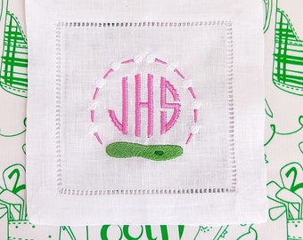 Golf pink Embroidered cocktail napkins hemstitched linen, 6x6. SET of 4 monogrammed. Masters