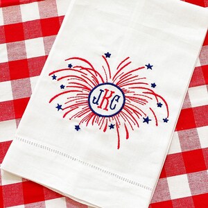 White linen hemstitched, monogrammed fireworks tea towel. 4th or July, Memorial Day. Hostess gift.