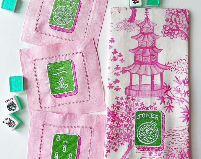 Mahjong Set Pink and Green Cocktail Napkins and Tea Towel SET