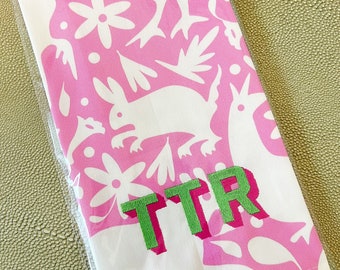 Pink Otomi Tea towel embroidered. So cute! Monogrammed.