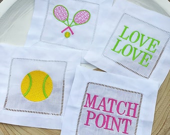 Embroidered Tennis cocktail napkins hemstitched linen . 6x6. Set of 4