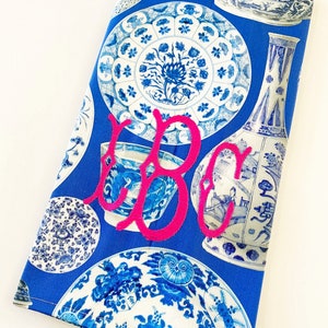 Blue China Tea towel embroidered. Monogrammed! Last one !