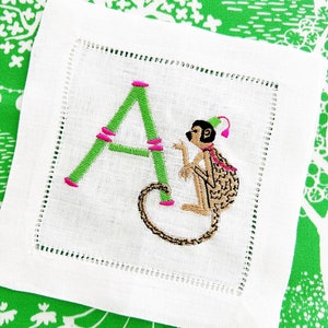 Monogrammed chinoiserie cocktail napkins hemstitched linen . 6x6. Set of 4. Pink and green
