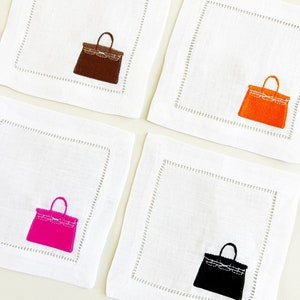 Embroidered Birkin cocktail napkins hemstitched linen . 6x6. Set of 4.custom colors avail