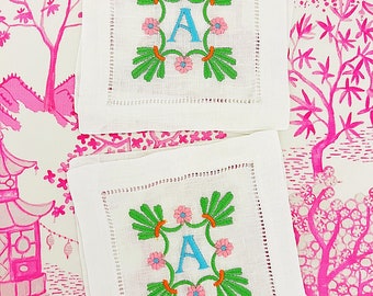 Floral Embroidered cocktail napkins hemstitched linen, 6x6. SET of 4. Monogrammed