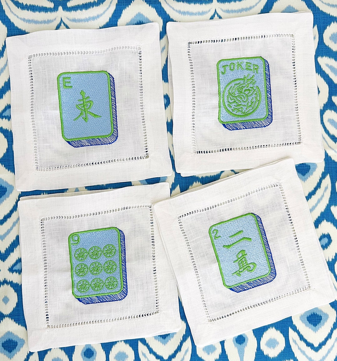 Mahjong Cocktail Napkins Hemstitched Linen . 6x6. Set of 4. Blues and