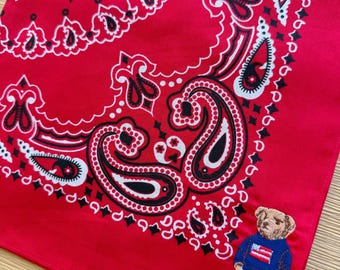 Bandana preppy bear , embroidered. Whimsical and fun. USA. , flag