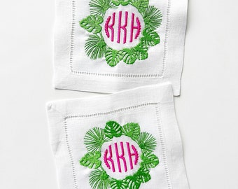 Palm Embroidered cocktail napkins hemstitched linen, 6x6. SET of 4. Monogrammed