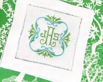Embroidered cocktail napkins hemstitched linen, 6x6. SET of 4. Monogrammed
