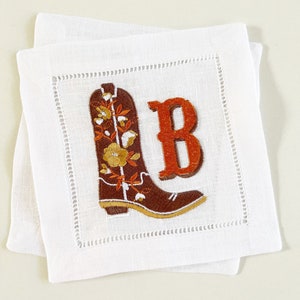 Cowboy boot floral Embroidered cocktail napkins hemstitched linen, 6x6. SET of 4 monogrammed. Browns and oranges