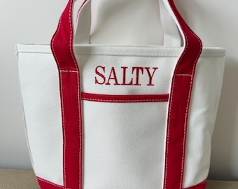 Boat and tote canvas red and white,  embroidered. Salty. Heavy duty 24 ounce small. Open top. Purse, tote.