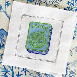 Mahjong cocktail napkins hemstitched linen . 6x6. Set of 4. Blues and green. Cute! Embroidered