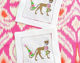 Cheetah champagne cocktail napkins hemstitched linen . 6x6. Set of 4. Pink and green