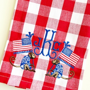 Chinoiserie monkey, Red check kitchen tea towel monogrammed. Cotton. So cute. 4th or July, Memorial Day. USA