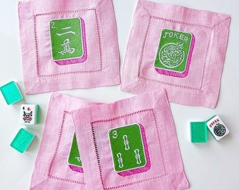 Mahjong cocktail pink napkins hemstitched linen. 6x6. Set of 4. Joker, east, 2 Crak, 3 bam. Embroidered