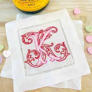 Monogrammed last name initial fancy vine cocktail napkin hemstitched linen . 6x6. Set of 4. Pick the initial, pick the colors.