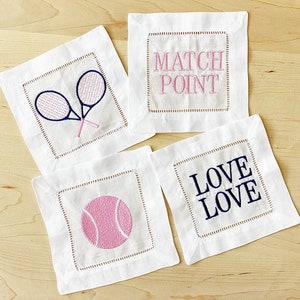 Embroidered Tennis cocktail napkins hemstitched linen . 6x6. Set of 4 navy and light pink