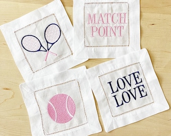 Embroidered Tennis cocktail napkins hemstitched linen . 6x6. Set of 4 navy and light pink