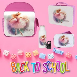 Girl Personalized School Supplies,Pink Ballerina Backpack,Lunchbox for Girl with dancing girl,Girl Lunch Bag,Personalized Bottle,Girl Set