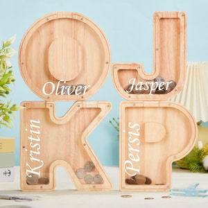 Alcancía de madera grande personalizada con letras para niños, alcancía con iniciales personalizadas, alcancía con letras del alfabeto, regalo para baby shower, regalos de Navidad