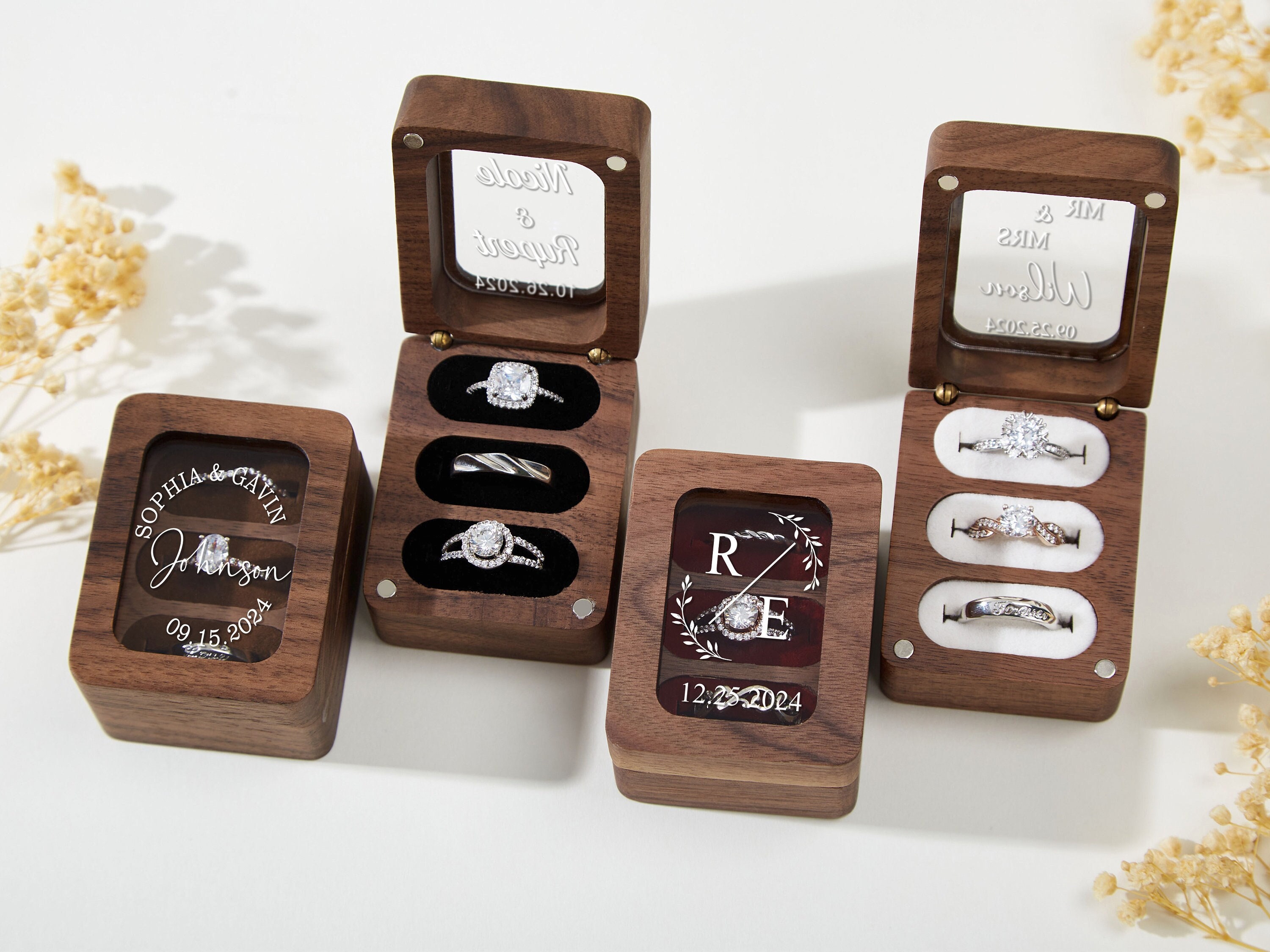 Custom Wooden Wedding Ring Box, Personalized Wood Proposal Ring Bearer, Triple Flip Wooden Ring Box, Engagement Ring Box, Anniversary Gifts