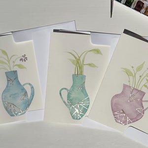 Hand Painted Original Watercolor “Kintsukuroi Vase w/ Flowers” Greeting Card Set (not print)