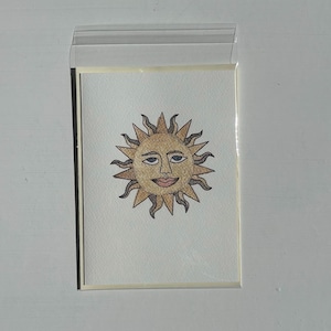 Handgeschilderde originele aquarel wenskaart 'Zon' (niet afdrukken), blanco binnenkant