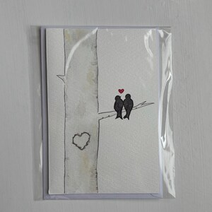 Tarjeta de felicitación original pintada a mano con acuarela "Aves del amor" (no impresa)