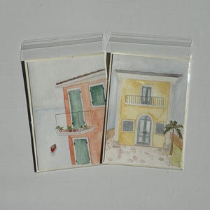Cartões de felicitações originais pintados à mão em aquarela “Casas” (não imprimir)