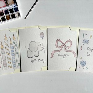 Handgemaltes gemischtes Briefpapier Set (kein Druck), Geburtstag, Hello Baby, Danke, Abschlussfeier, Original Aquarell