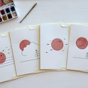 Ensemble de cartes de voeux/articles de papeterie « Paysage de soleil rouge » peint à la main (pas d'impression), aquarelle originale
