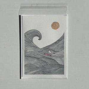 Cartão de felicitações original pintado à mão em aquarela “Tempestade Oceânica” (não impresso), em branco por dentro