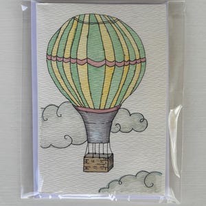 Cartão de felicitações "Balão de ar quente" original pintado à mão em aquarela (não impresso), em branco por dentro
