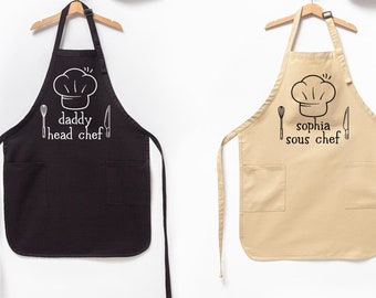 Personalised Child and Adult Name Apron,Cute matching apron with names,Personalised head chef sous chef,Father's Day gift,Daddy son daughter