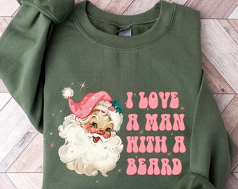 Santa Beard Sweatshirt, Cute Christmas Sweatshirt, Retro Pink Santa Christmas Sweatshirt, Womens Christmas Sweatshirt,Holiday Sweater,Winter