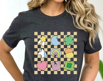 Lucky Charm Shirt, St Patrick's Day Shirt, Shamrock Rainbow Shirt, St Patty's Day Gift, Irish Day Tshirt, Checkered Shirt, Flour Leaf Clover