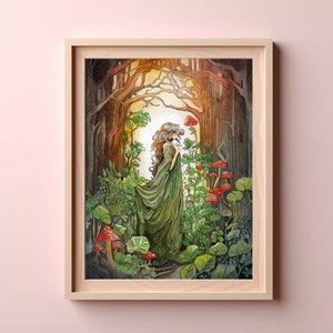 Impresión de arte del espíritu del bosque - Mujer del bosque encantada, ilustración de árboles y setas mágicas, arte de la pared de la atmósfera de hadas
