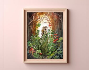 Enchanted Forest Woman Art Print: Magical Mushroom Illustration