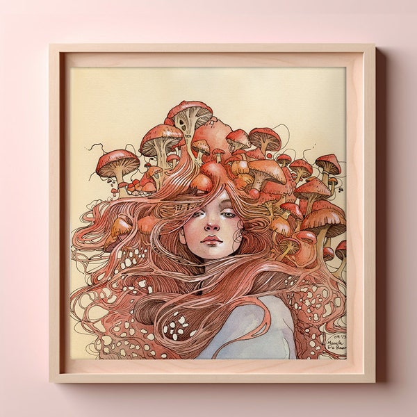 Mushroom Woman Art Print - Whimsical Nature Wall Decor, Fantasy Poster on Archival Paper, Unique Gift for Nature Lovers