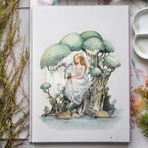 Dipinto Originale: Spirito dell'Albero - Donna nella Foresta Incantata vicino all'Acqua, Inchiostro e Acquerelli, Arte della Natura Mistica