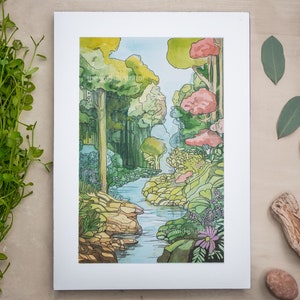 Dipinto originale: Foresta incantata - Inchiostro e acquerello su carta di cotone, arte della natura stravagante, decorazione murale unica