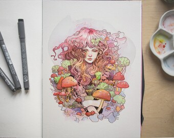 Mushroom Queen Painting: Original Ink & Watercolor Art on Cotton