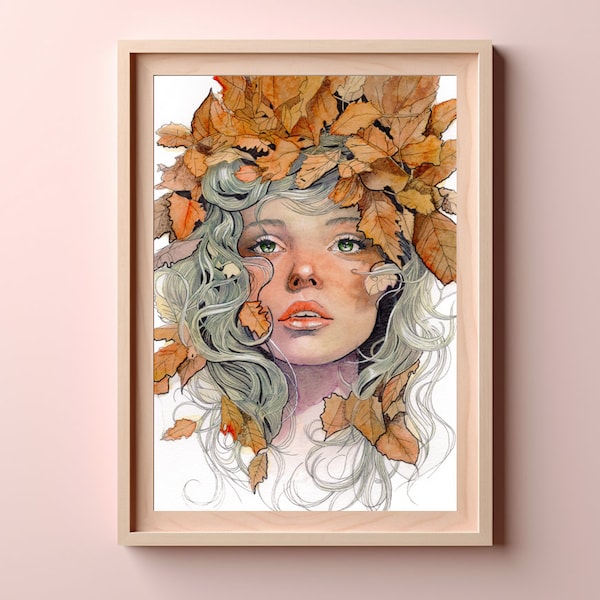 Whispers of Fall Art Print - Autumn Leaves Woman, Magical Fall Decor, Whimsical Wall Art, Handcrafted Poster, Seasonal Home Decoration