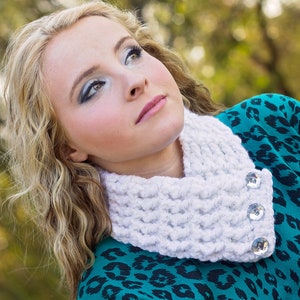 Womens button scarf womans scaflette chunky crochet winter cowl warm scarves cozy fall finds knits white sparkle unique gift for her