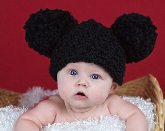 Baby hat 18 colors giant pom winter hospital beanie for coming home outfit newborn girl boy shower gift Mickey inspired mouse ear black