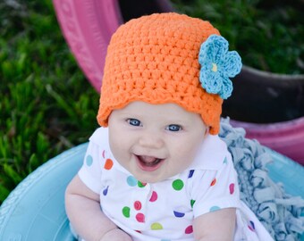 Baby girl hat 34 flower colors custom orange flapper beanie in newborn - womens sizes spring fall autumn winter orange personalized