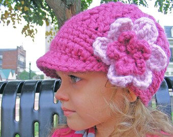 Toddler girl flower hat chunky crochet winter beanie warm fall knitwear baby - womens size unique gift for her mom dark raspberry light pink