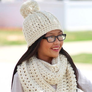 Girls winter hat 39 colors chunky crochet pom beanie cozy knit accessory fall fashion smaller larger sizes gift for her mom cream sparkle image 5